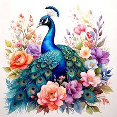 Obraz premium A vibrant peacock with a glorious tail surrounded by colorful blooms