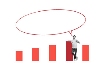 Composite trend artwork sketch image photo collage of business stats human resource graphics trade platform young man thumb speech cloud