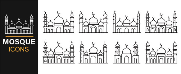 Editable mosque icons featuring traditional Arabic architecture and design elements