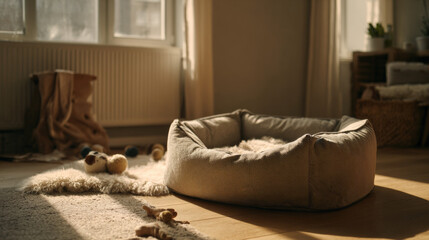 A cozy sunlit pet bed on the floor of an apartment with toys scattered around it creates a warm and welcoming atmosphere.