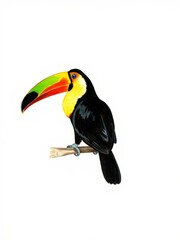 Fototapeta premium Vibrant Keel-Billed Toucan Perched on a Branch - Exotic Tropical Bird Isolated. A beautifully rendered, realistic illustration of a Keel-Billed Toucan (Ramphastos sulfuratus) perched on a small branch
