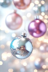 Fototapeta premium Elegant glass ornaments on christmas tree with twinkling lights