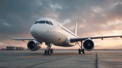 Modern airplane on runway ready for departure with dramatic sunset sky, cloud formations, and airport background, evoking travel and adventure experience