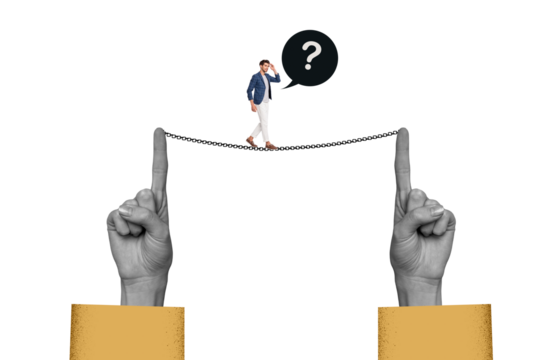 Creative collage picture young man walk chain finger arm gesture pointing questioned minded speech textbox overcome fearless