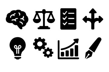 Decision-Making Icons. Decision Making. Filled icon set of Decision Making: brain, scales, checklist, arrows,