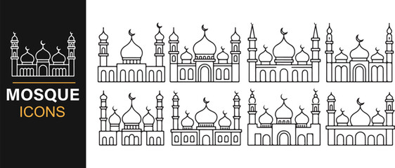 Editable mosque vector icon set in black and white line art style showing Islamic domes and minarets