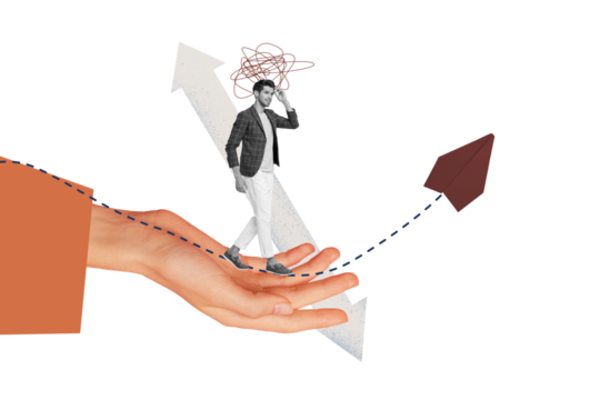 Creative collage young man walk entrepreneur palm hand direction way path paper airplane flight arrow puzzled minded drawing doodles