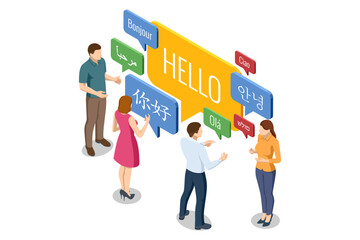 Isometric group of people communicating in multiple languages with speech bubbles. Concept of multilingual communication and global language learning.