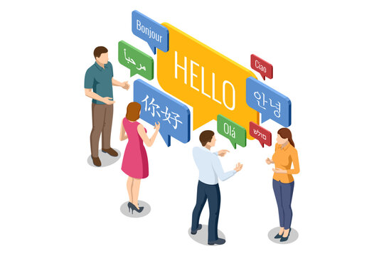 Isometric group of people communicating in multiple languages with speech bubbles. Concept of multilingual communication and global language learning.