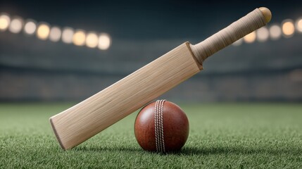 Wooden cricket bat rests on grass field beside cricket ball in stadium setting, designed for sports enthusiasts, players, and fans capturing game essence