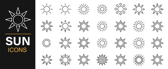 Outline and solid style sun icons for summer, climate, and energy concept illustrations