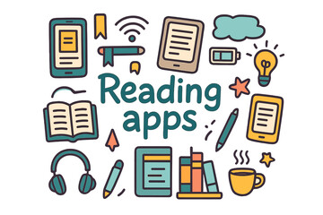 Reading Apps Doodle. Reading apps. Hand-drawn doodle illustration of Reading apps. Smartphone, e-reader, open