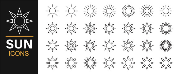 Collection of sun icons in black and white outline style for weather and energy vector designs