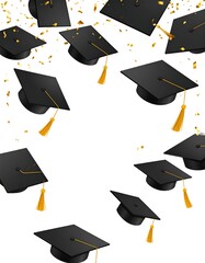 Black graduation caps with gold tassels and confetti rain against white background