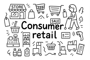 Fototapeta premium Consumer Retail Icons. Consumer retail. Hand-drawn doodle illustration of Consumer retail. Store building,