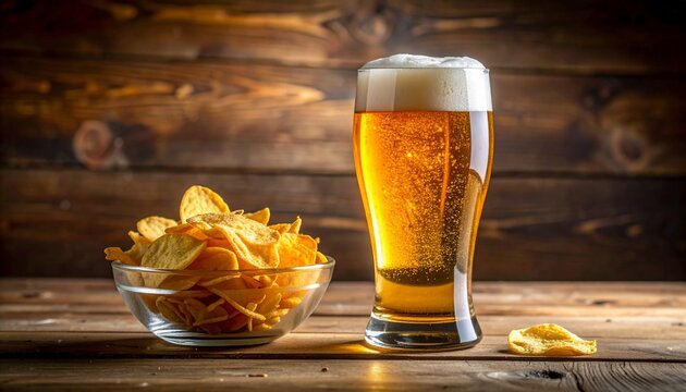 A refreshing glass of golden beer with a bowl of crispy potato chips on a rustic wooden table. - Powered by Adobe