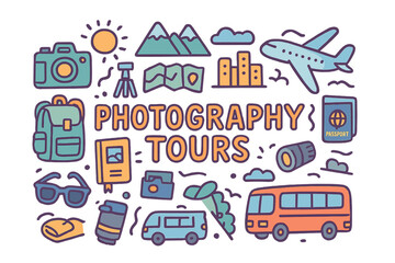 Fototapeta premium Photography Tour Icons. Photography Tours. Hand-drawn doodle illustration of Photography Tours. camera, tripod