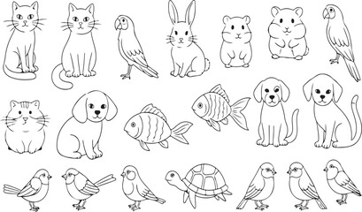 Animal Collection Illustrations: A collection of line art illustrations showcases a variety of animals. Each animal is delicately rendered with clear lines, embodying a clean and simple aesthetic.