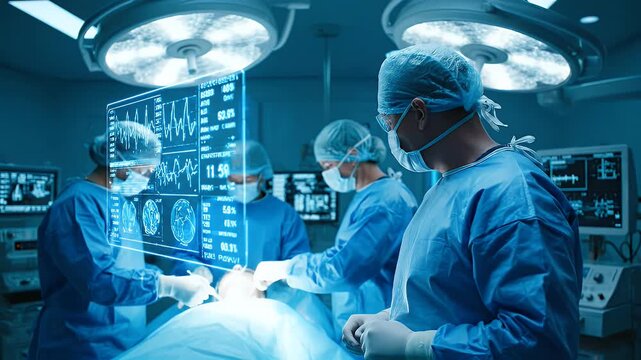 Surgeons Performing Advanced Medical Procedure with Futuristic Holographic Display in Operating Room.