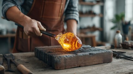 Artisan Glassblower Shaping Vibrant Molten Glass in Traditional Workshop with Tools, Creating Unique Handcrafted Art Piece