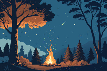 A serene night scene of a campfire in a forest clearing. © minimal