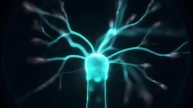 Close-up of a plasma ball with vibrant teal electric discharges and glowing filaments