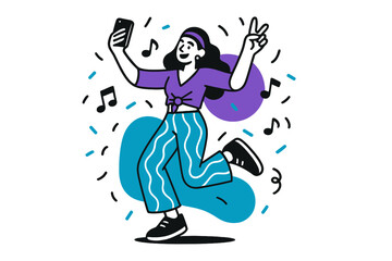 Fototapeta premium Vibrant Festival Celebration. Festival Look. A blogger lifts their phone, dancing in colorful clothes with