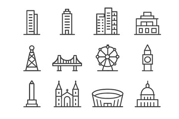 Fototapeta premium City Skyline Icons. City skyline. Line outline icon set of City skyline: skyscraper, office tower, high-rise