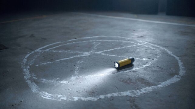 Yellow flashlight illuminating a chalk circle on a dark floor in an abandoned space, evoking mystery and suspense in an eerie atmosphere
