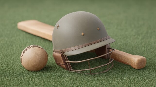 Vintage cricket equipment featuring a classic helmet, wooden bat, and leather ball resting on lush green grass in a sport-themed setting