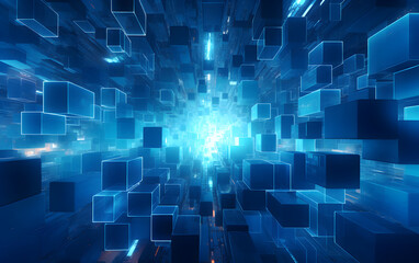 Obraz premium Futuristic blue digital landscape filled with floating cubes glowing in a bright light