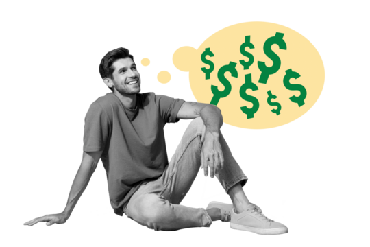 Composite sketch image design trend artwork collage of trade savings income investment currency young guy sit down mind cloud dream think