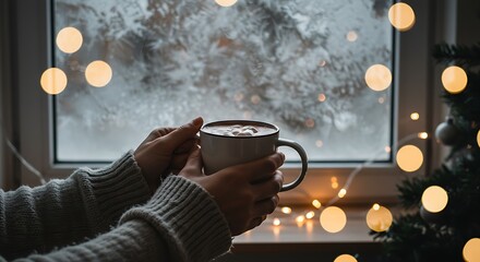 Woman holding a cup of hot drink by a frosty window at night