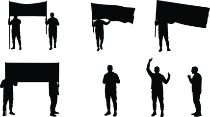 Protest silhouette, flag holding, public demonstration, activist pose, leadership stance, social movement, communication act, crowd figure, flat vector illustration