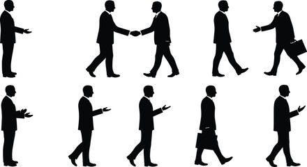 Business silhouette, professional gesture, handshake pose, office interaction, corporate communication, leadership stance, teamwork act, workplace success, flat vector illustration