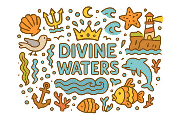 Divine Waters Doodle. Divine waters. Hand-drawn doodle illustration of Divine waters. Trident, waves, seashell