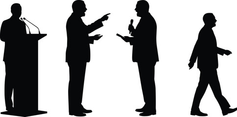 Public speaking silhouette, communication pose, debate figure, presentation speech, leadership stance, interview act, professional role, flat vector illustration