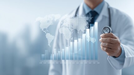 Medical Professional Holding Stethoscope with Global Health Data and Growth Graph, Representing Health Sector Trends and Innovations in Healthcare Technology