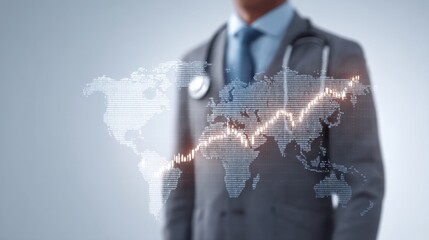 Professional man in suit with stethoscope standing in front of a virtual world map with rising graph representing healthcare growth and innovation globally