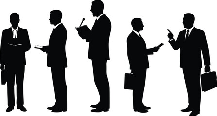Business silhouette, professional pose, office worker, corporate attire, leadership stance, teamwork concept, presentation speech, career success, flat vector illustration