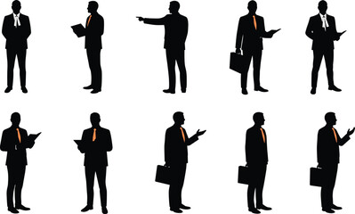 Business silhouette, professional pose, office worker, corporate attire, leadership stance, teamwork concept, manager figure, career success, flat vector illustration