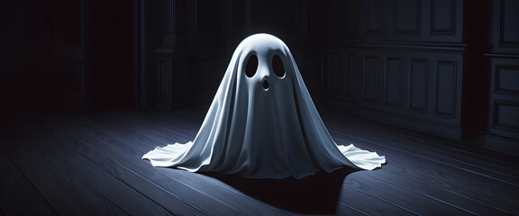 Cute white ghost in dark room Halloween illustration. Small cartoon ghost with hollow eyes and open mouth. Adorable ghost character in Halloween night atmosphere.