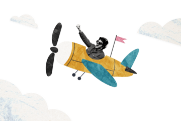 Creative picture collage young happy man energetic persistent target achievement airplane pilot clouds destination flag