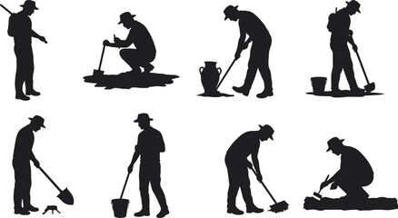 Archaeologist silhouette, excavation work, digging tools, artifact discovery, field research, ancient history, exploration activity, science study, flat vector illustration