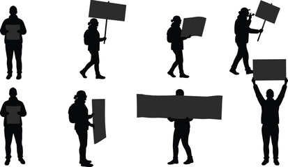 Protest silhouette, activist pose, demonstration sign, social movement, public rally, political activism, communication act, crowd figure, flat vector illustration