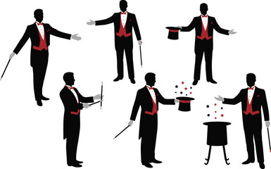 Magician silhouette, magic trick, stage performance, illusion act, wand gesture, top hat, circus show, entertainment art, flat vector illustration