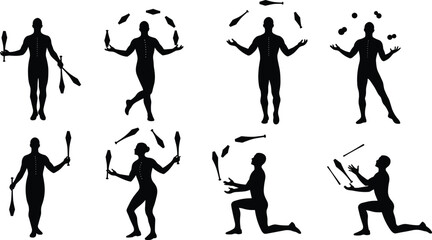 Juggling silhouette, performer pose, circus act, skill performance, balance control, club juggling, ball juggling, entertainment art, flat vector illustration