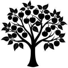 Silhouette of a mature apple tree laden with ripe fruit and green leaves against a white background