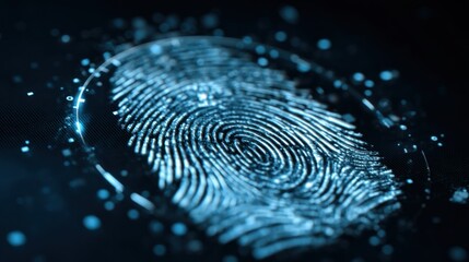 A digital fingerprint illuminated in blue, showcasing intricate patterns against a dark background, symbolizing security and identity verification.