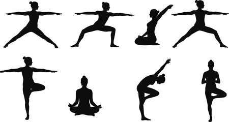 Yoga silhouette, meditation posture, balance pose, stretching exercise, mindfulness practice, fitness routine, calm relaxation, wellness lifestyle, flat vector illustration